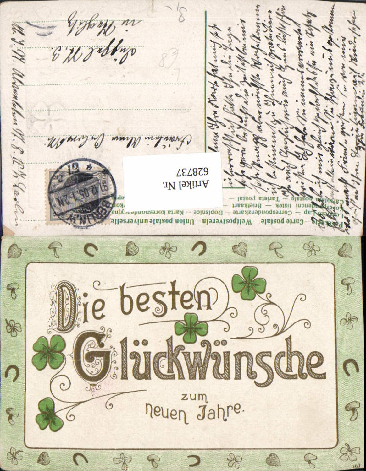 628737,Präge Litho Neujahr Klee Hufeisen Pilze