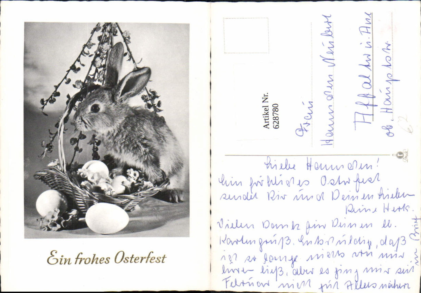 628780, Easter Bunny Basket with Eggs and Flowering Branch