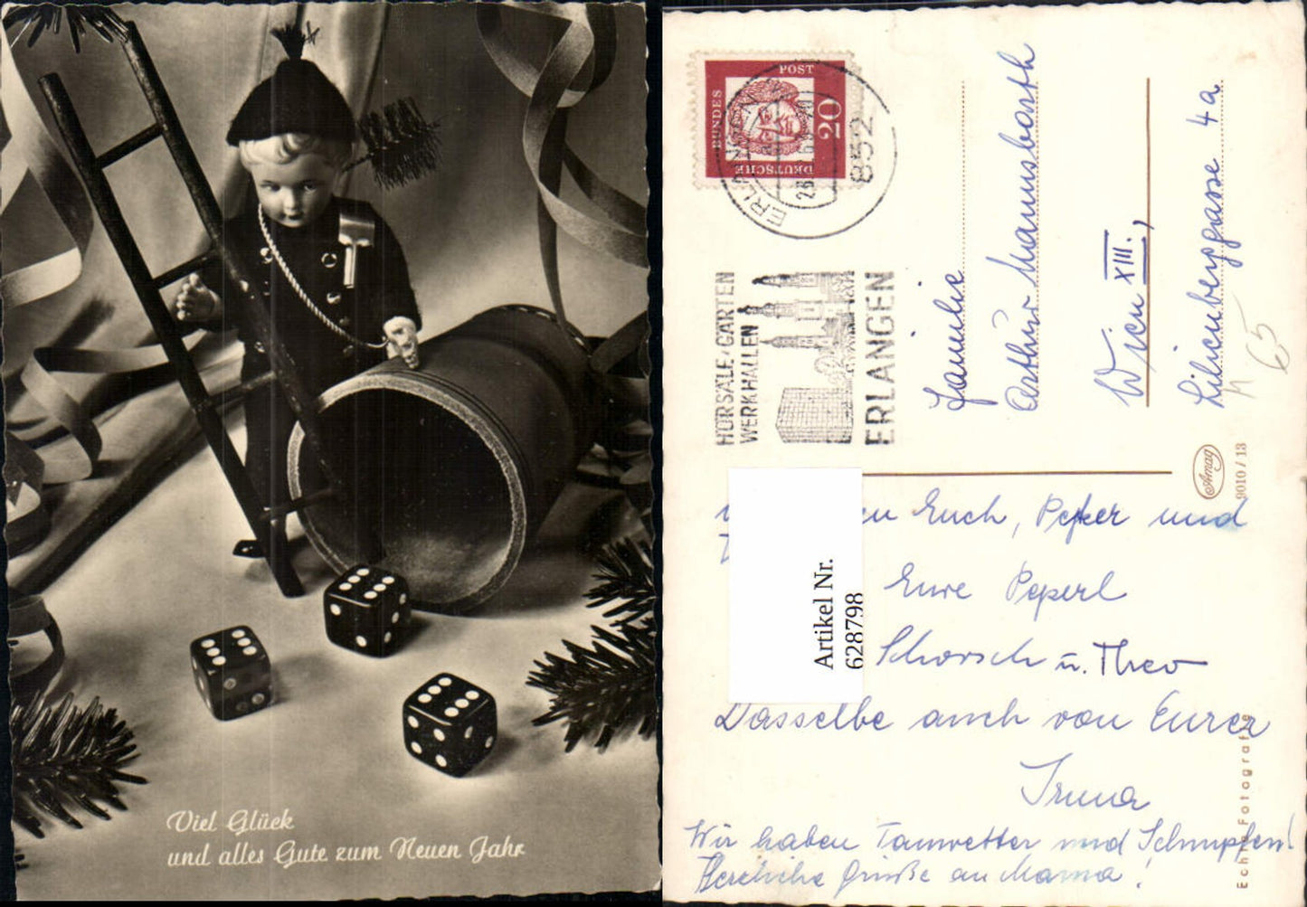 628798,Foto Ak Neujahr Figur Rauchfangkehrer Schornsteinfeger Würfel m. Becher Glück