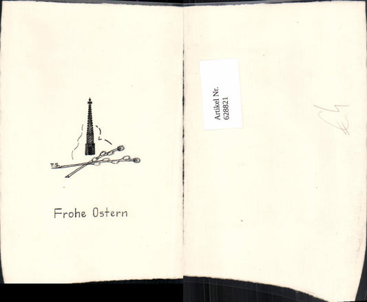 628821, Foldable Hand-painted Postcard TS Tower Church Tower Pussy Willow Easter Unwritten