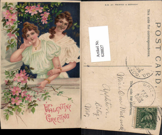628827,Präge Ak Frauen Mädchen Balkon Blumen Valentine Greeting Valentinstag