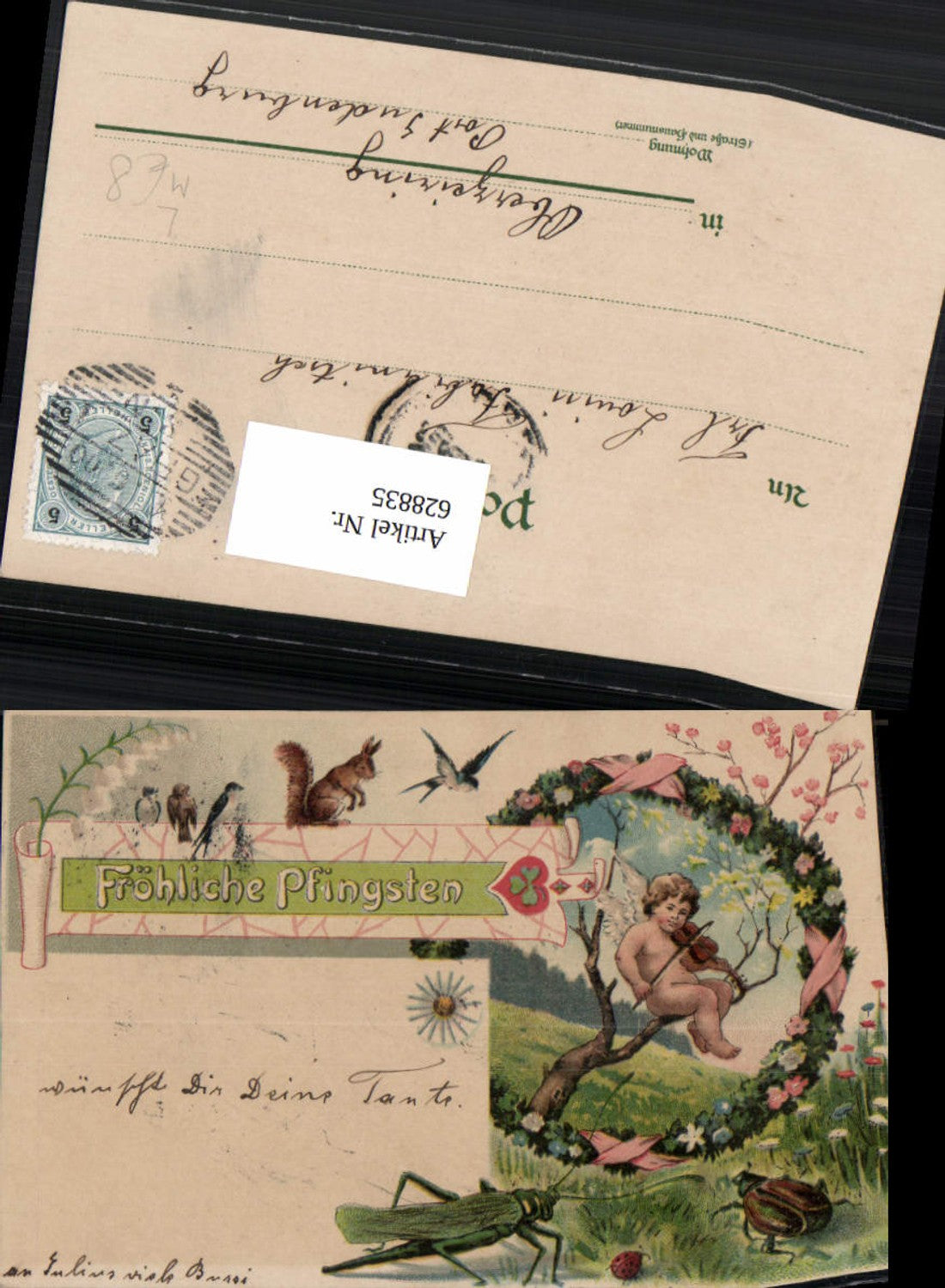 628835,Litho Pfingsten Amor Engel spielt Geige Tiere Schwalbe Käfer Eichhörnchen