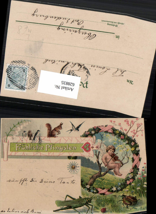 628835,Litho Pfingsten Amor Engel spielt Geige Tiere Schwalbe Käfer Eichhörnchen