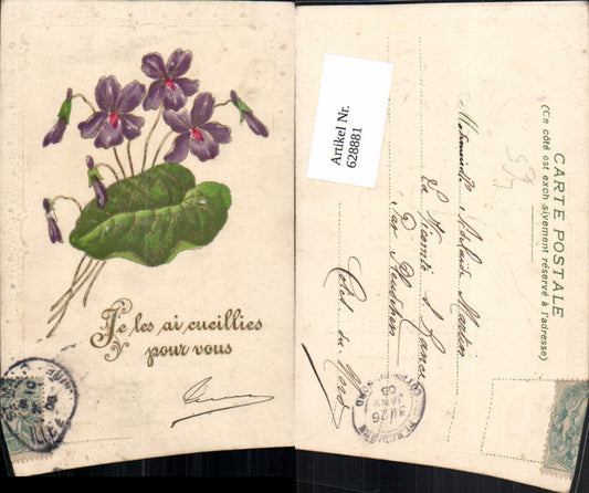 628881,Präge Litho Veilchen Blumen Je les ai cueillies pour vous France