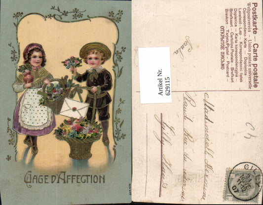 629115, Embossed Lithograph Children with Basket Flowers Envelope Gift of Affection Lithograph