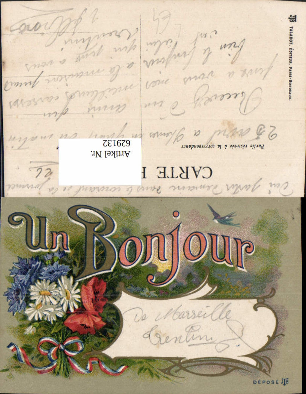 629132,Litho Un Bonjour Flowers Cornflower Corn Poppy Daisies Patriotic France
