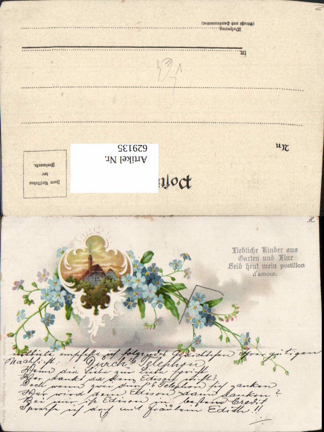 629135, Lithograph Lovely children from garden and hallway, saying, house, flowers, forget-me-nots, Otto Schaefer