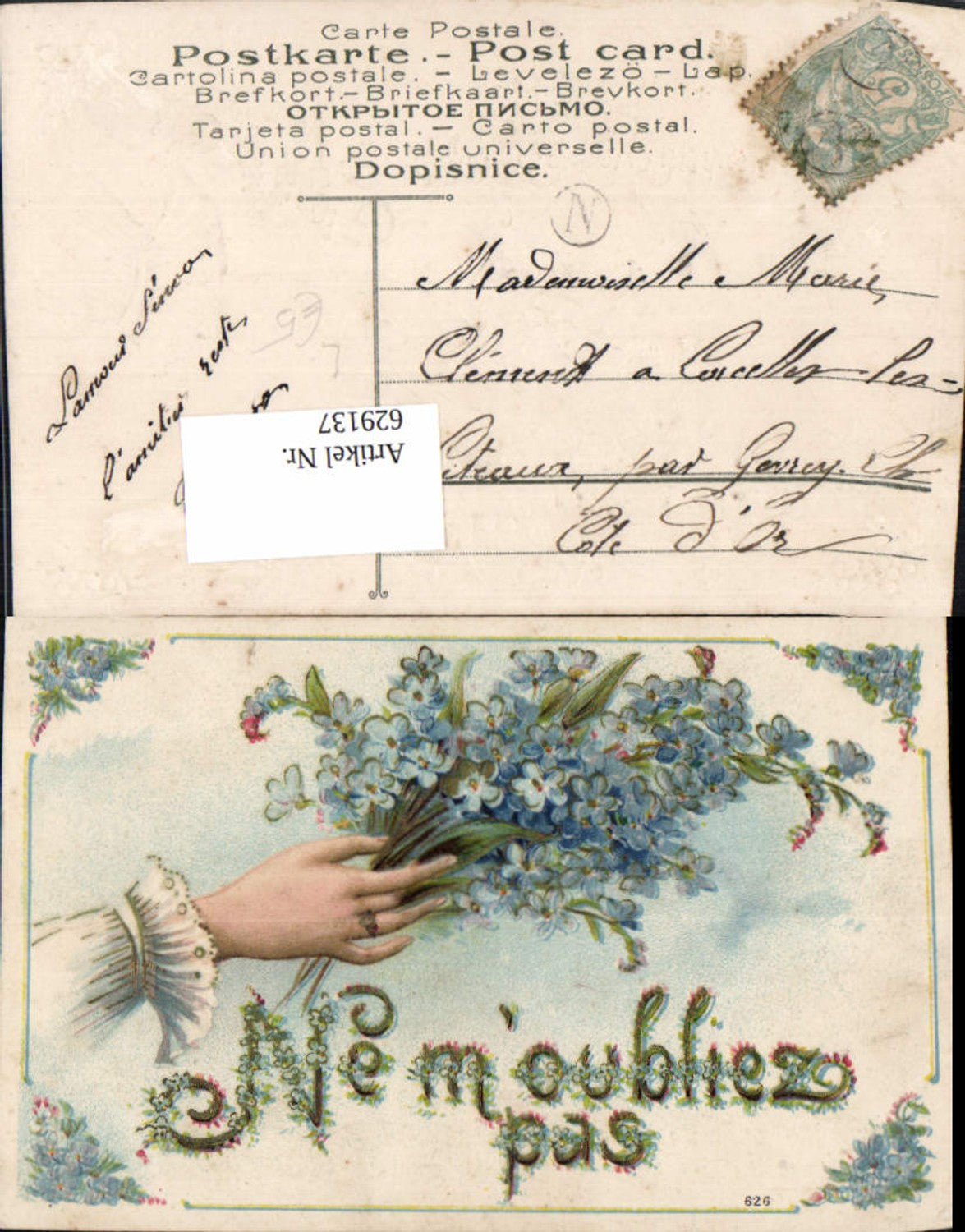 629137, Embosser Lithograph Hand Flowers Forget-me-nots Don't forget