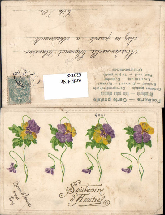 629138, Embosser Ak Flowers Pansies Souvenir Amities