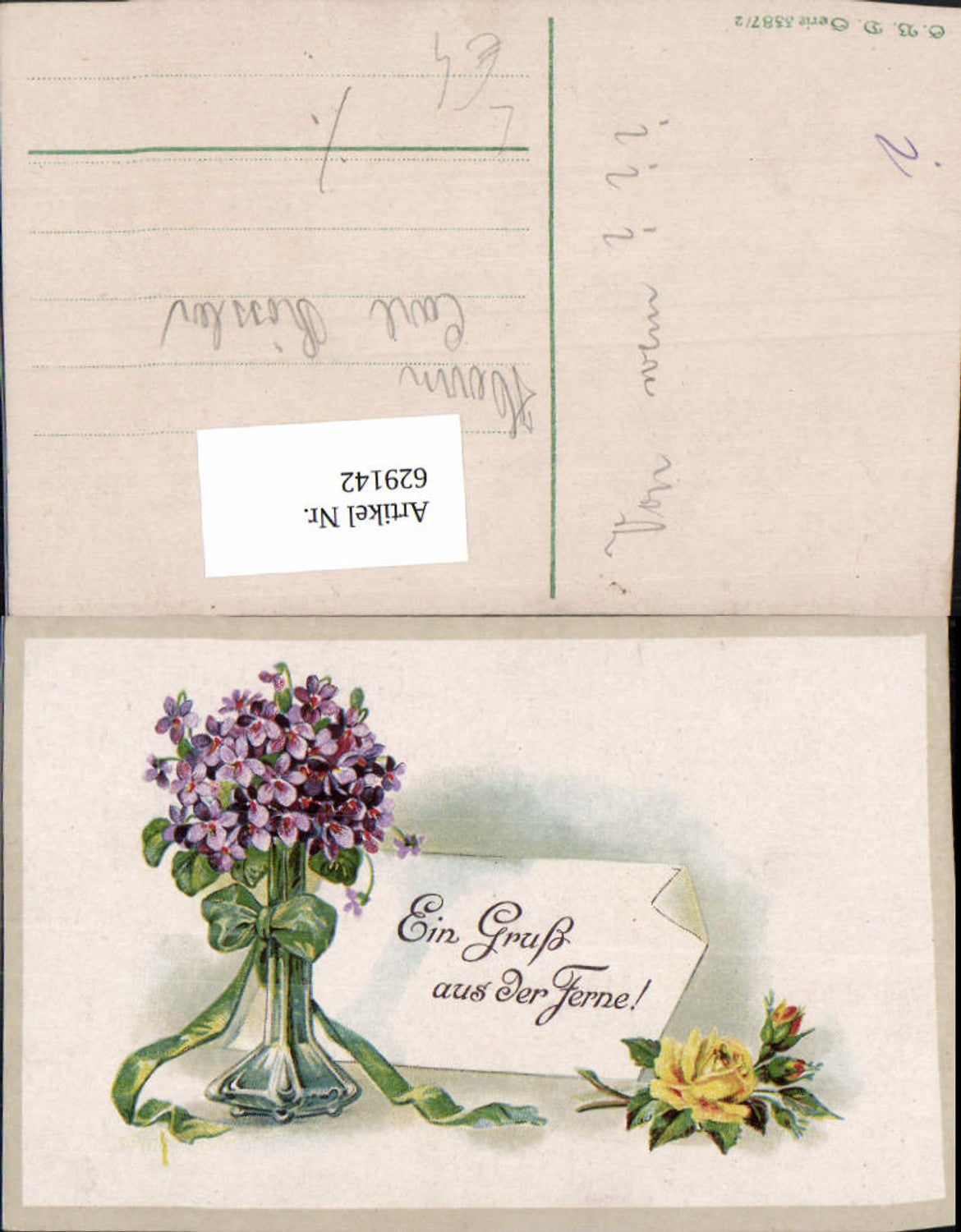 629142, Lithograph saying "A greeting from afar" Vase Violet Ribbon Yellow rose Flowers