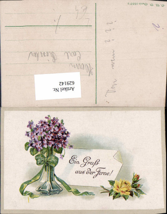 629142, Lithograph saying "A greeting from afar" Vase Violet Ribbon Yellow rose Flowers
