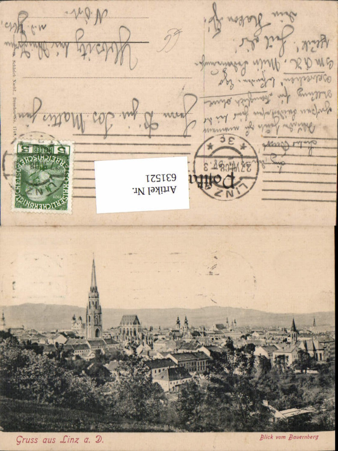 631521,Linz an der Donau Blick vom Bauernberg 1907