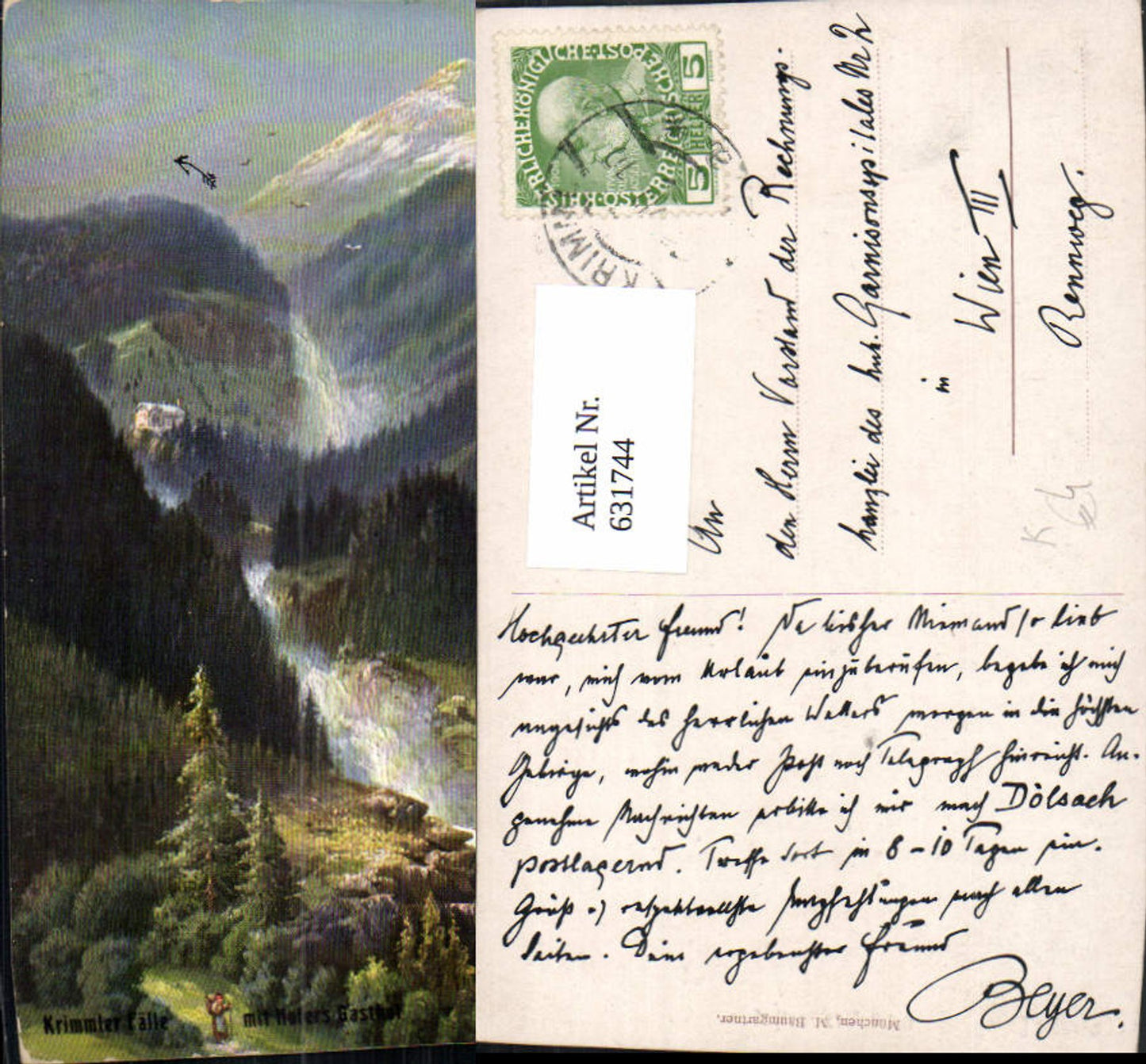 631744,Künstler Ak Krimml Krimmler Wasserfall m. Hofers Gasthof