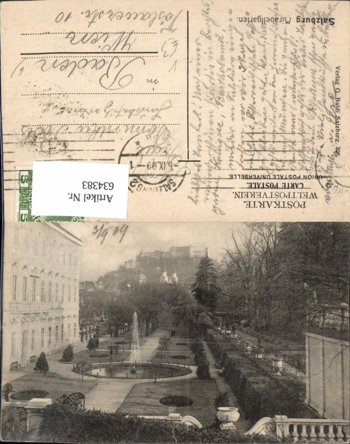 634383, Salzburg Mirabell Gardens with view of the fortress, pub G. Baldi 208