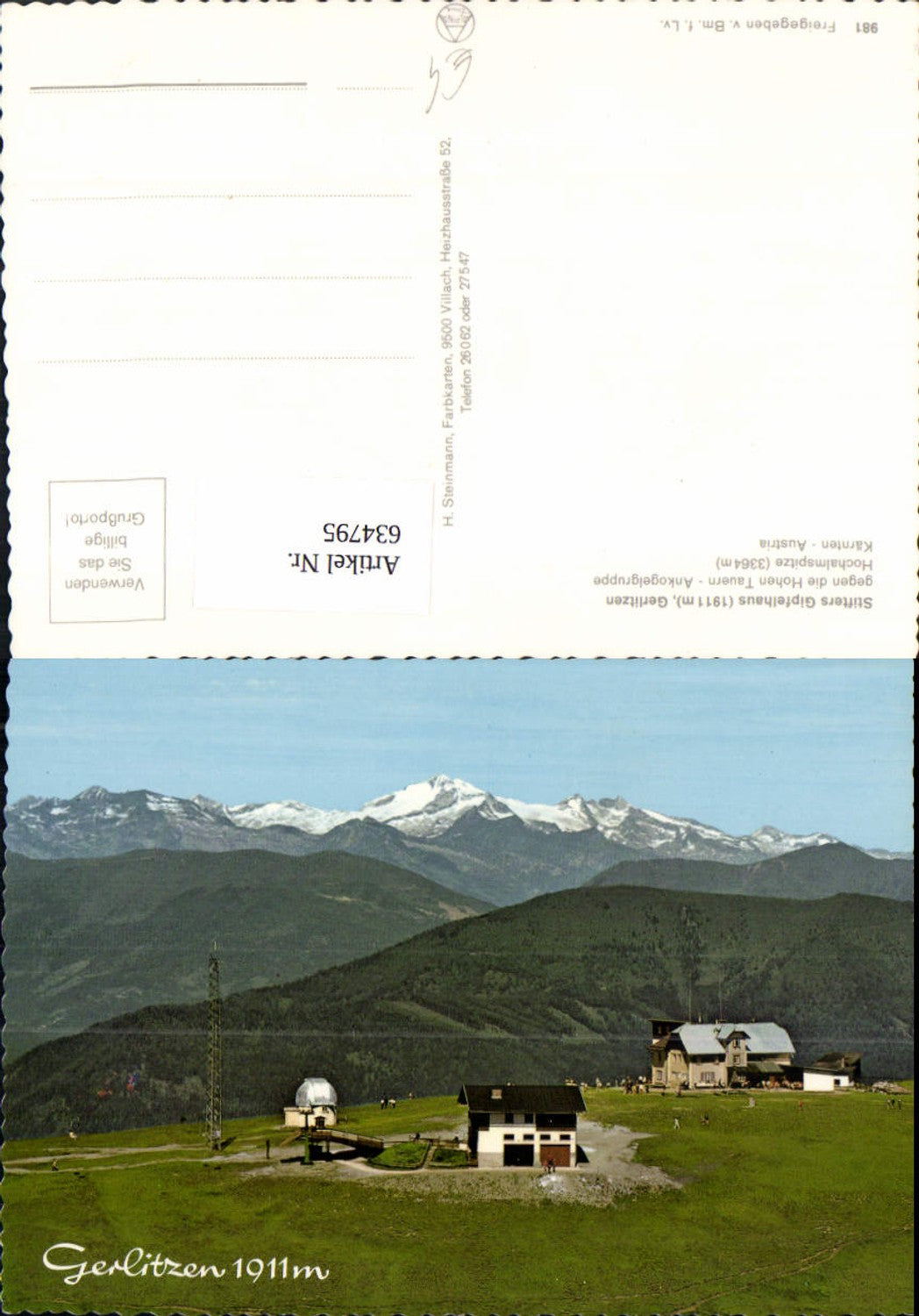 634795,Arriach Stifters Gipfelhaus Gerlitzen geg. d. Hohen Tauern Ankogelgruppe Hochalmspitze