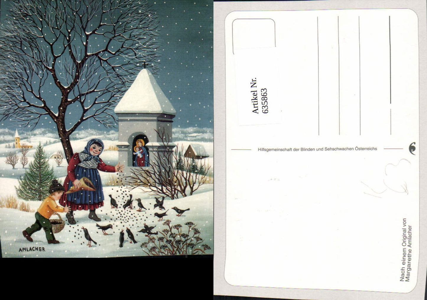 635863,Künstler Ak Margarethe Amlacher Vögel Füttern Winternacht Marterl