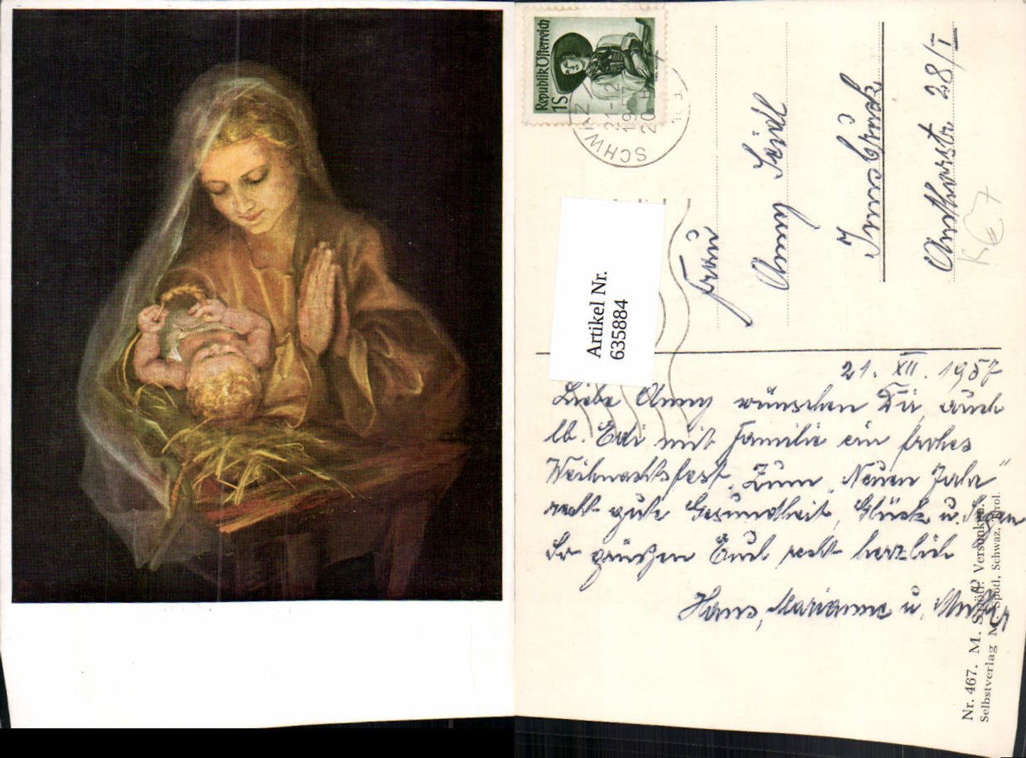 635884,Künstler Ak M. Spötl Versunken Frau b. Gebet m. Kind