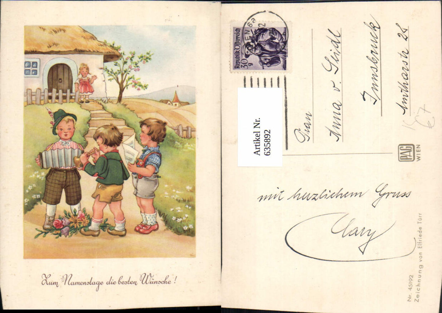 635892,Künstler Ak Elfriede Türr Kinder musizieren Namenstag