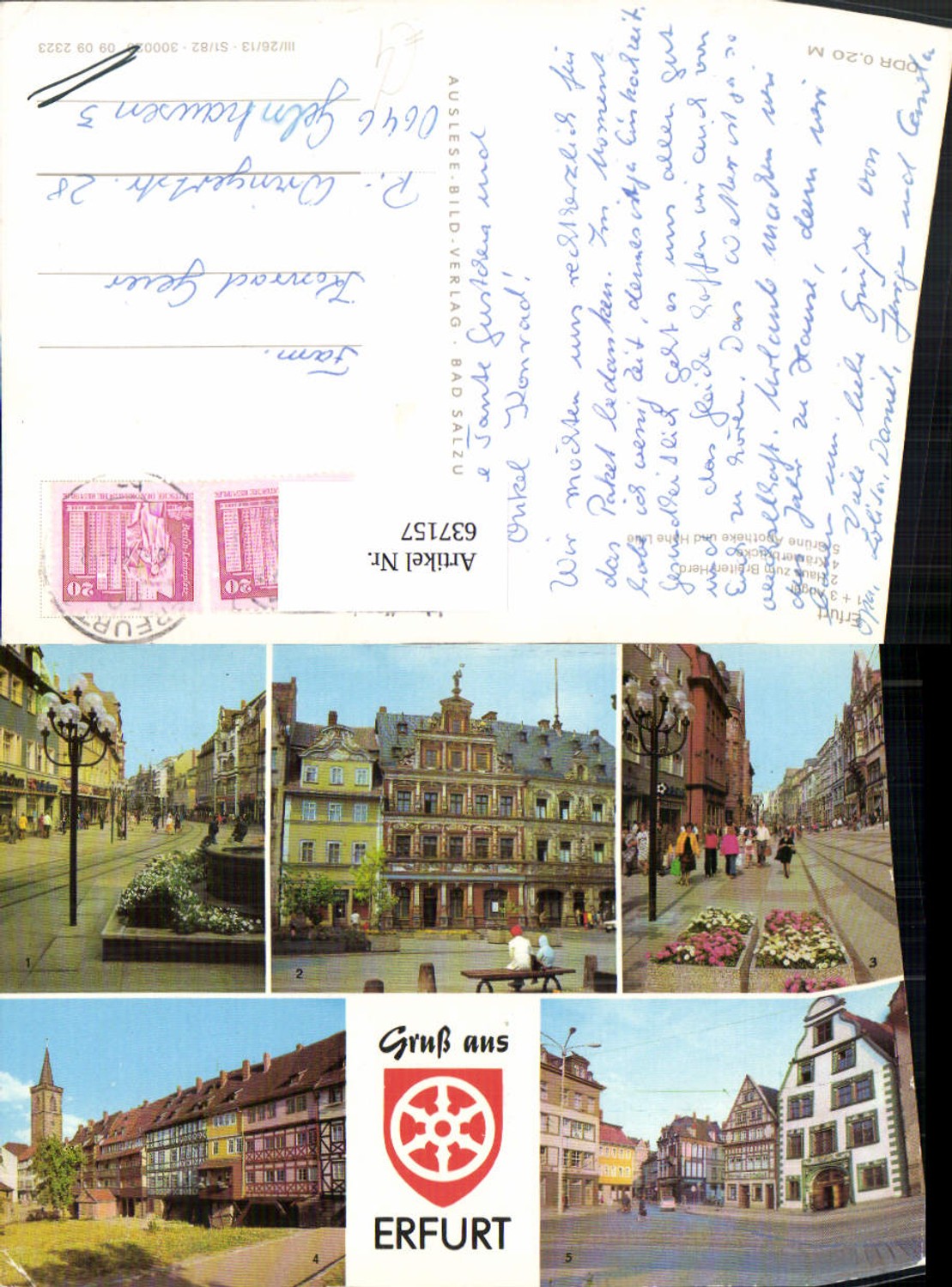 637157, Multi-image postcard Erfurt Anger House at Breiten Herd Krämerbrücke