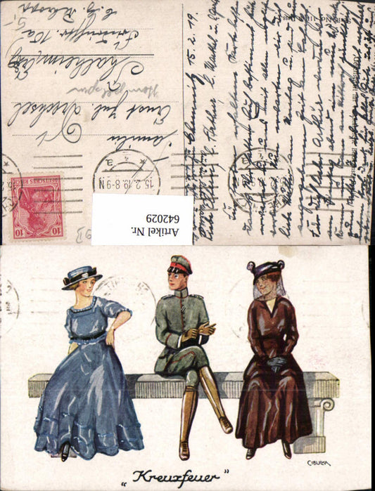 642029,Künstler AK Cibulka Karikatur Soldat Frauen Bank Scherz Humor