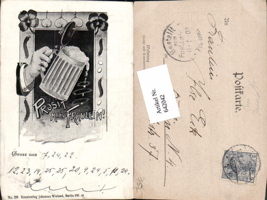 642042,Lithographie Scherz Humor Alkohol Bier Bierkrug Prosit mein Fräulein Jugendstil