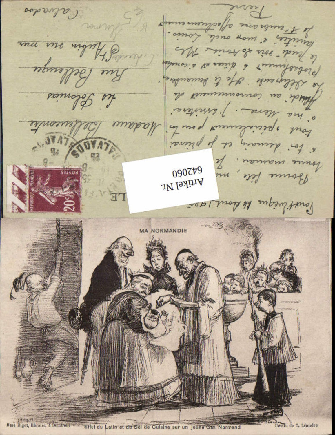 642060,Künstler AK C. Leandre Scherz Humor Pfarrer Taufe Normandie