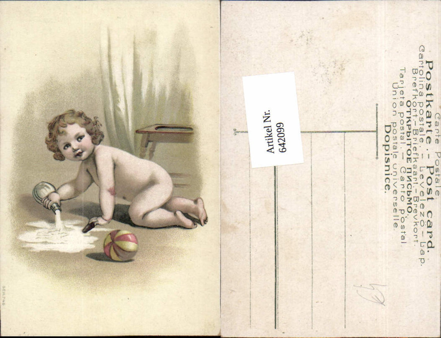 642099,Scherz Humor Kind m. Milch Ball am Boden