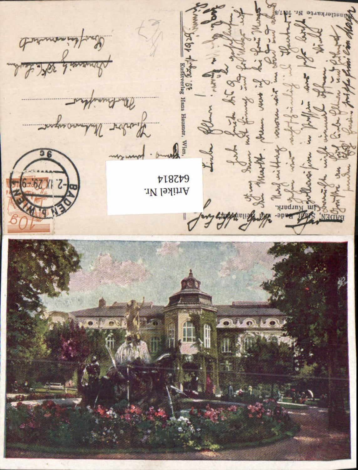 642814,Künstler AK Baden bei Wien Badeanstalt Kurpark pub Hausner 7017/8