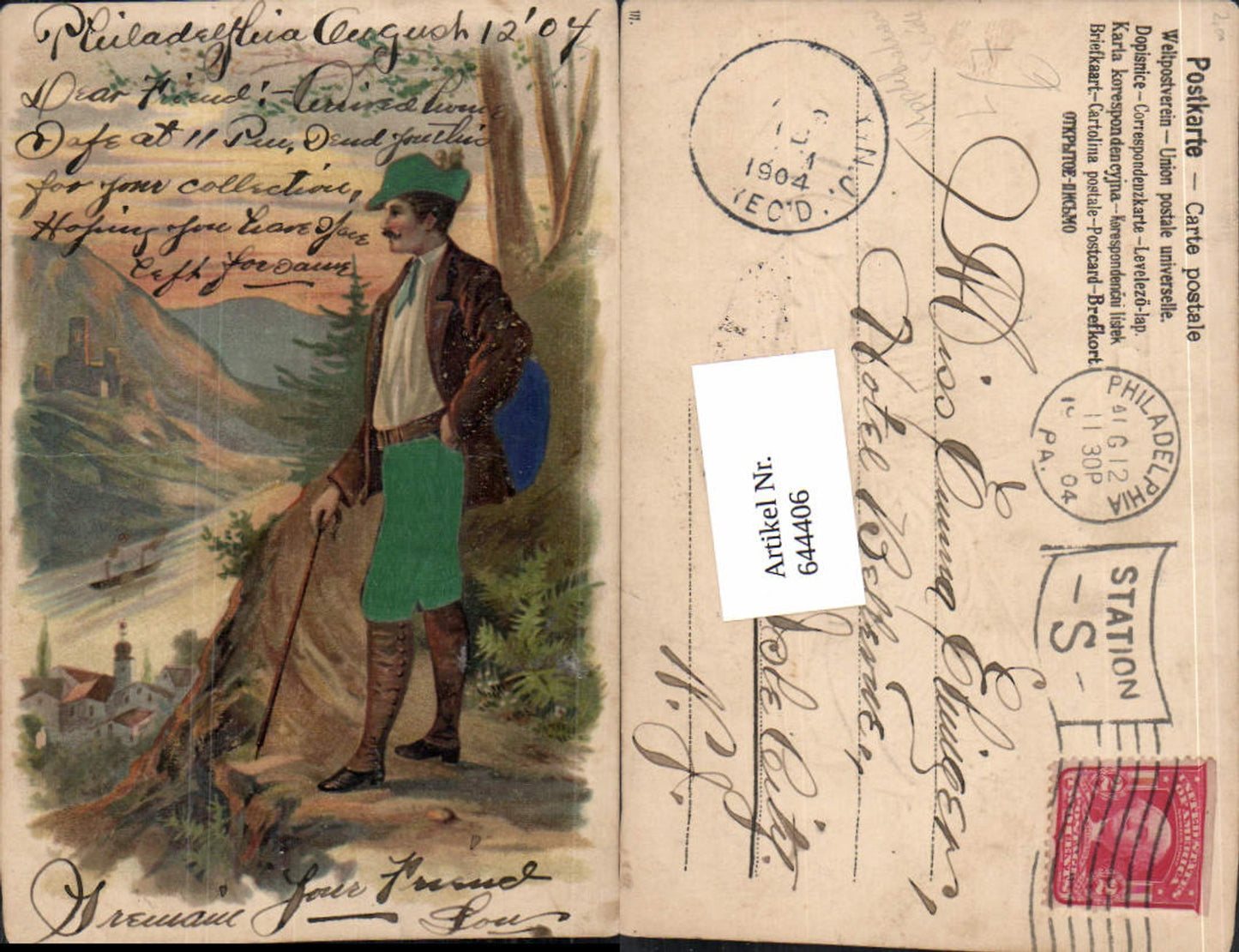 644406, Embossed lithograph application silk silk postcard material 1904 Rhine Stolzenfels