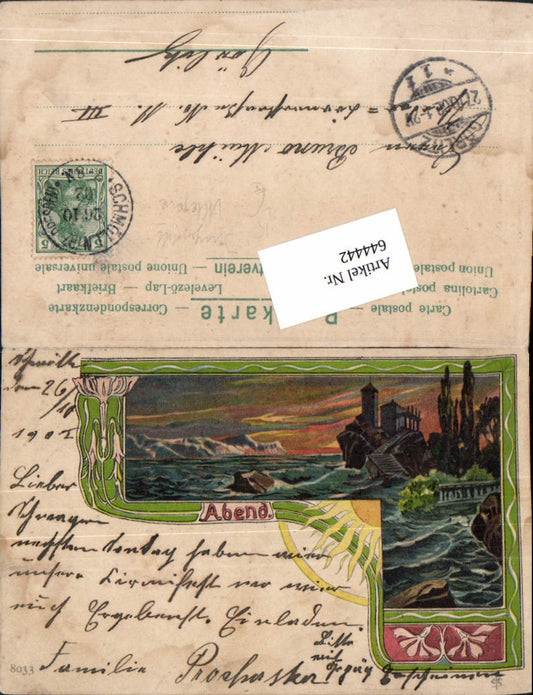 644442,Allegorie AK Lithographie Abend Sturm Jugendstil Sonne