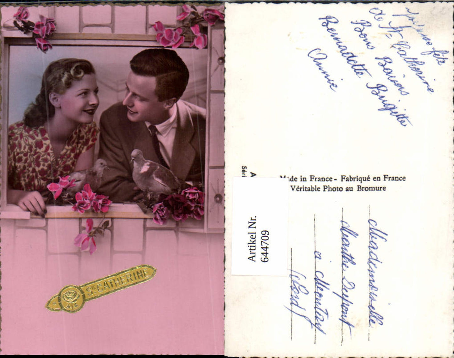 644709,Foto-AK Liebe Portrait Frau Mann Paar Tauben Rosen Fotomontage