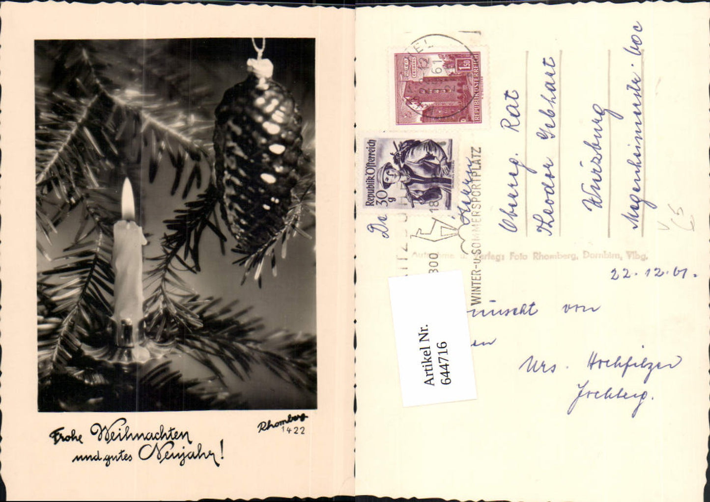 644716,Foto-AK Fotokunst Rhomberg 1422 Weihnachten Kerze Weihnachtsbaum Tannanzapfen Schmuck