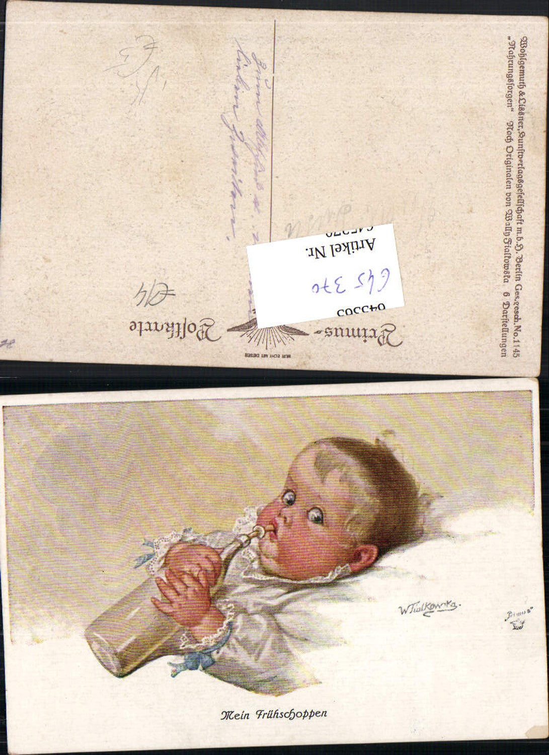 645370,Künstler AK Wally Fialkowska Humor Baby Milchfläschen Milch pub Primus 1145