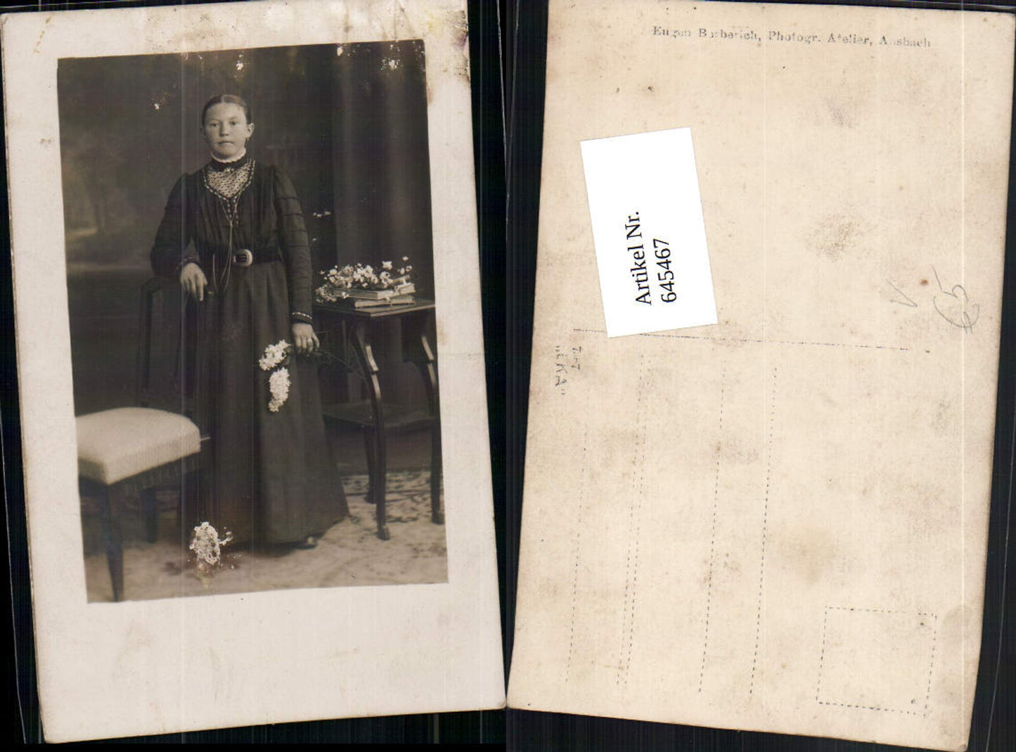 645467, Photo-AK Atelier Eugen Barberich Ansbach Woman Dress Flowers