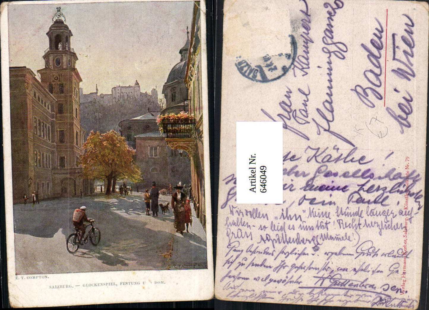 646049,Künstler AK E. T. Compton Salzburg Glockenspiel Festung Dom Radfahrer Fahhrad