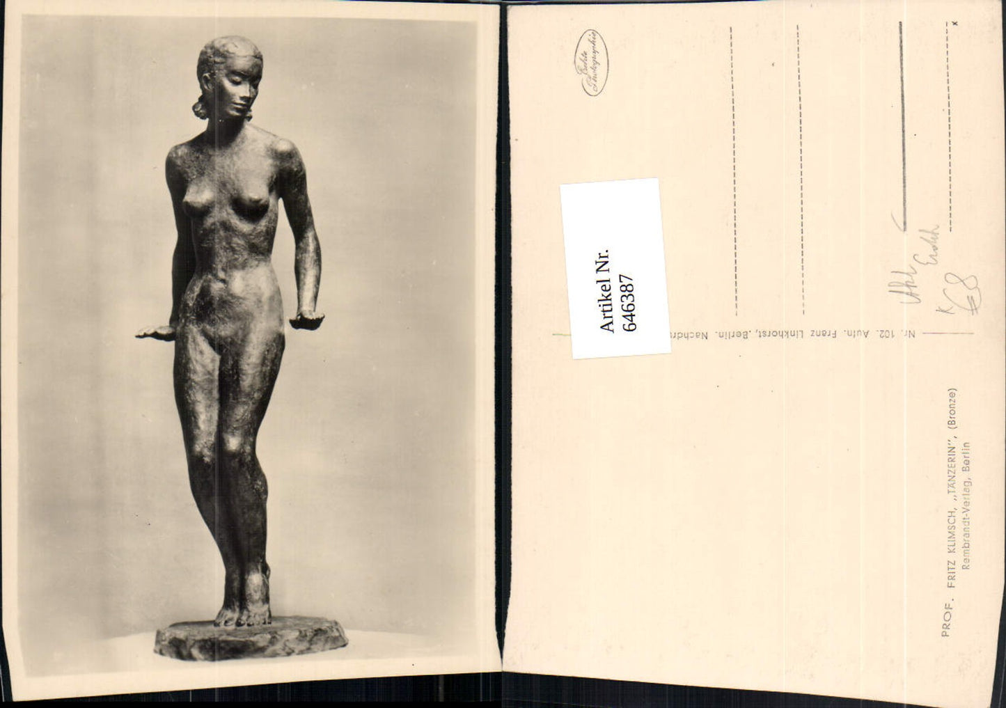 646387,Künstler Ak Prof Fritz Klimsch Tänzerin Bronze Figur Akt Erotik