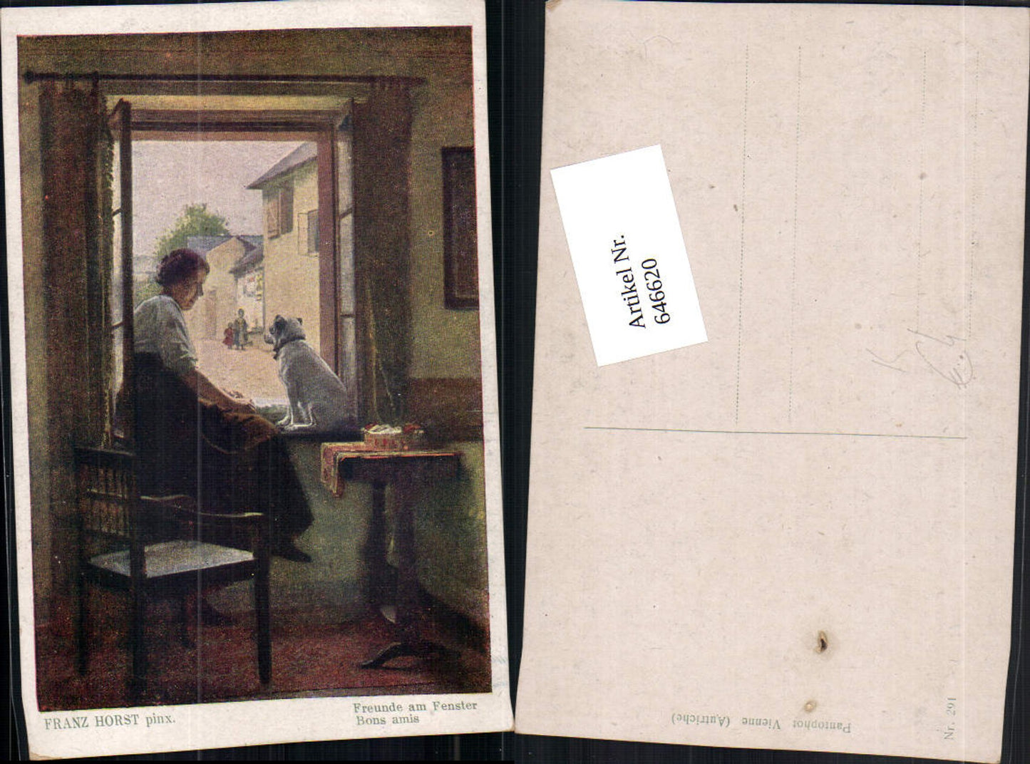 646620,Künstler AK Franz Horst Hund Frau Fenster