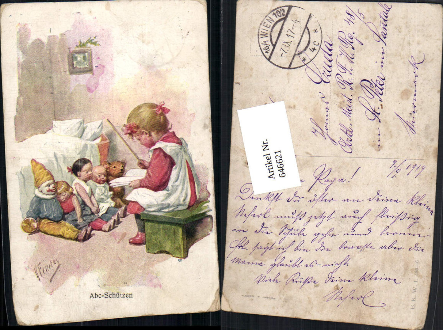 646621,Künstler AK Karl Feiertag Abc-Schützen Puppen Puppe Kind Teddy Teddybär pub B.K.W.I. 480-6