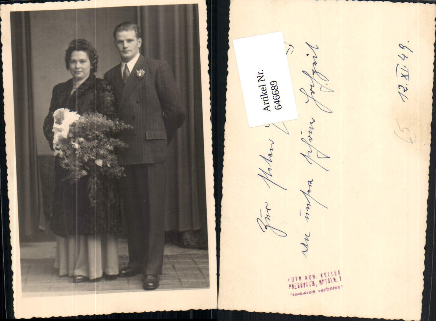 646689,Foto-AK Foto Keller Pressbaum Hochzeit Paar Braut Blumen Anzug 1949