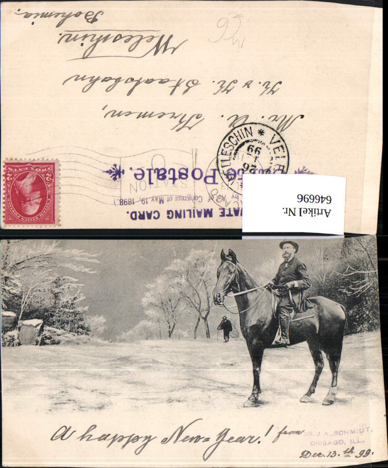 646696,Künstler AK Dr. J. A. Schmidt Chicago Illinois Physiker am Pferd 1899 Private Mailing card
