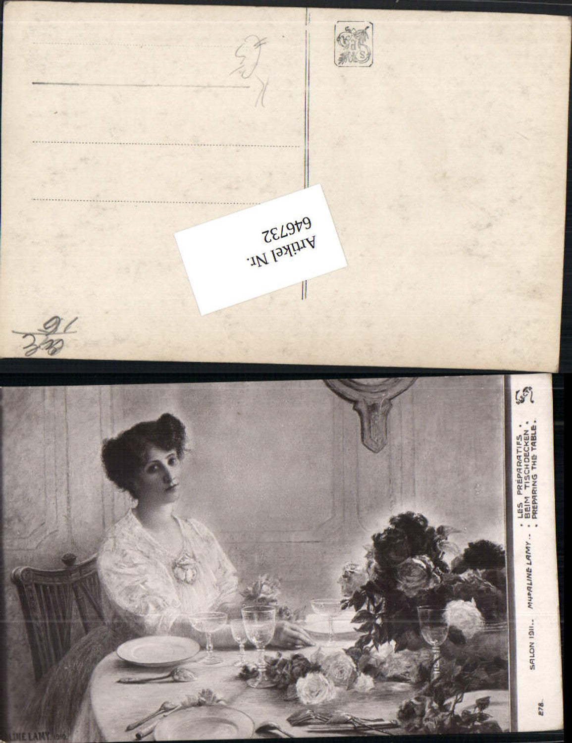 646732,Künstler AK Aline Lamy Frau beim Tischdecken Salon 1911
