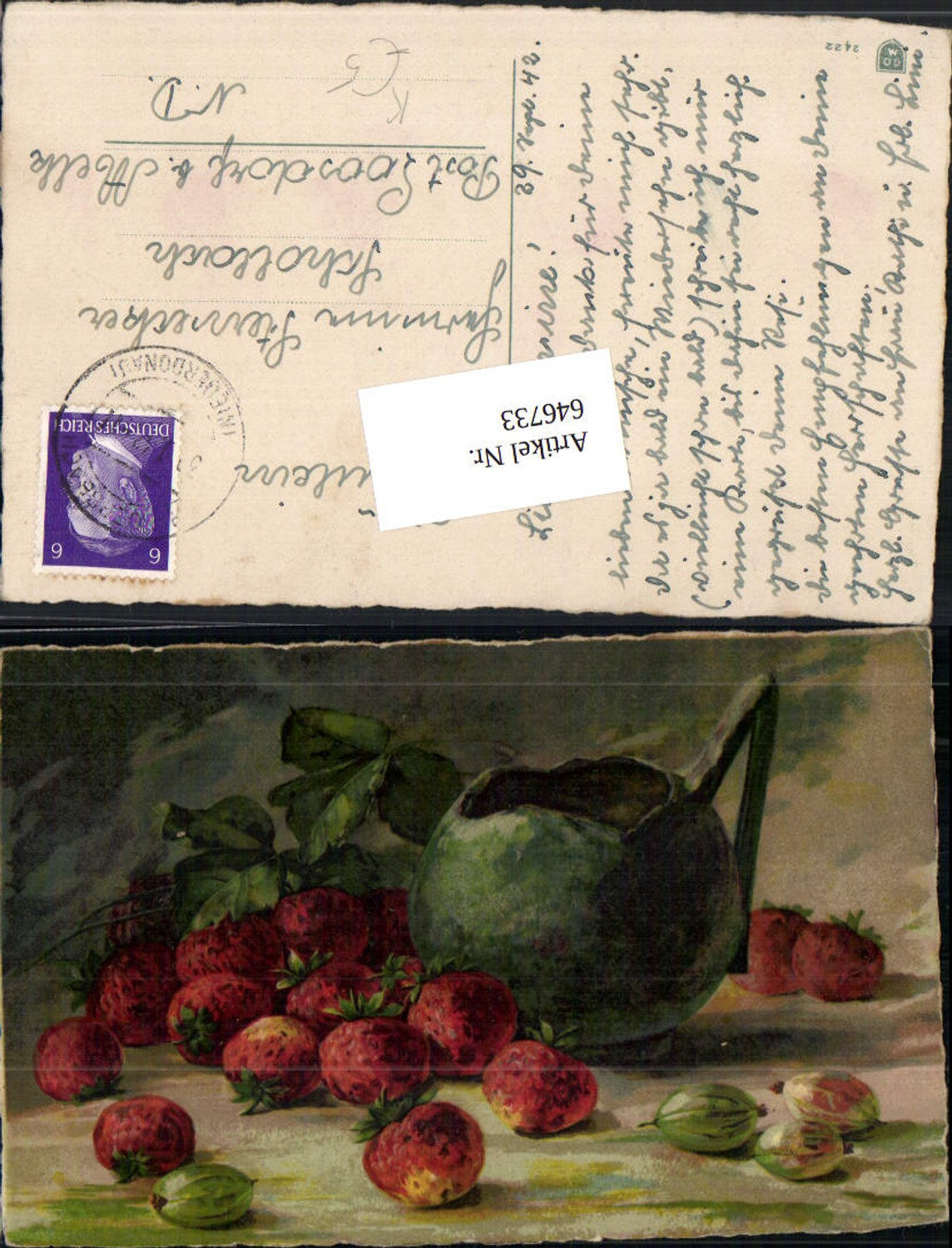 646733,Künstler AK Stillleben Erdebeeren Beeren Obst Stachelbeeren