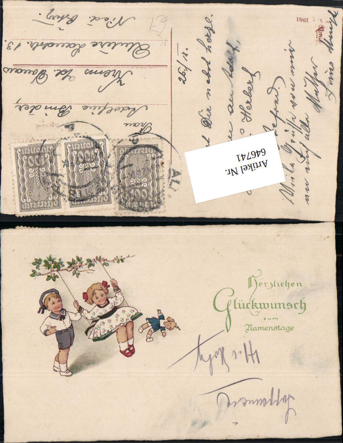 646741,Künstler AK Namenstag Kinder Puppe Schaukel Matrosenanzug Matrosen Uniform