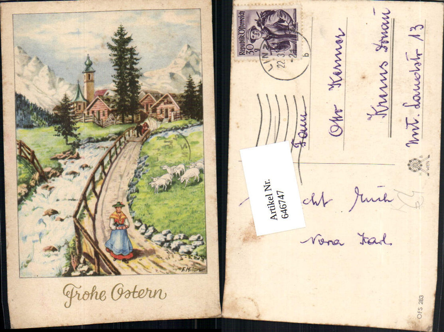 646747, Artist AK F. Milan Easter Church Village Woman Traditional Costume Bregenzerwald Bregenz