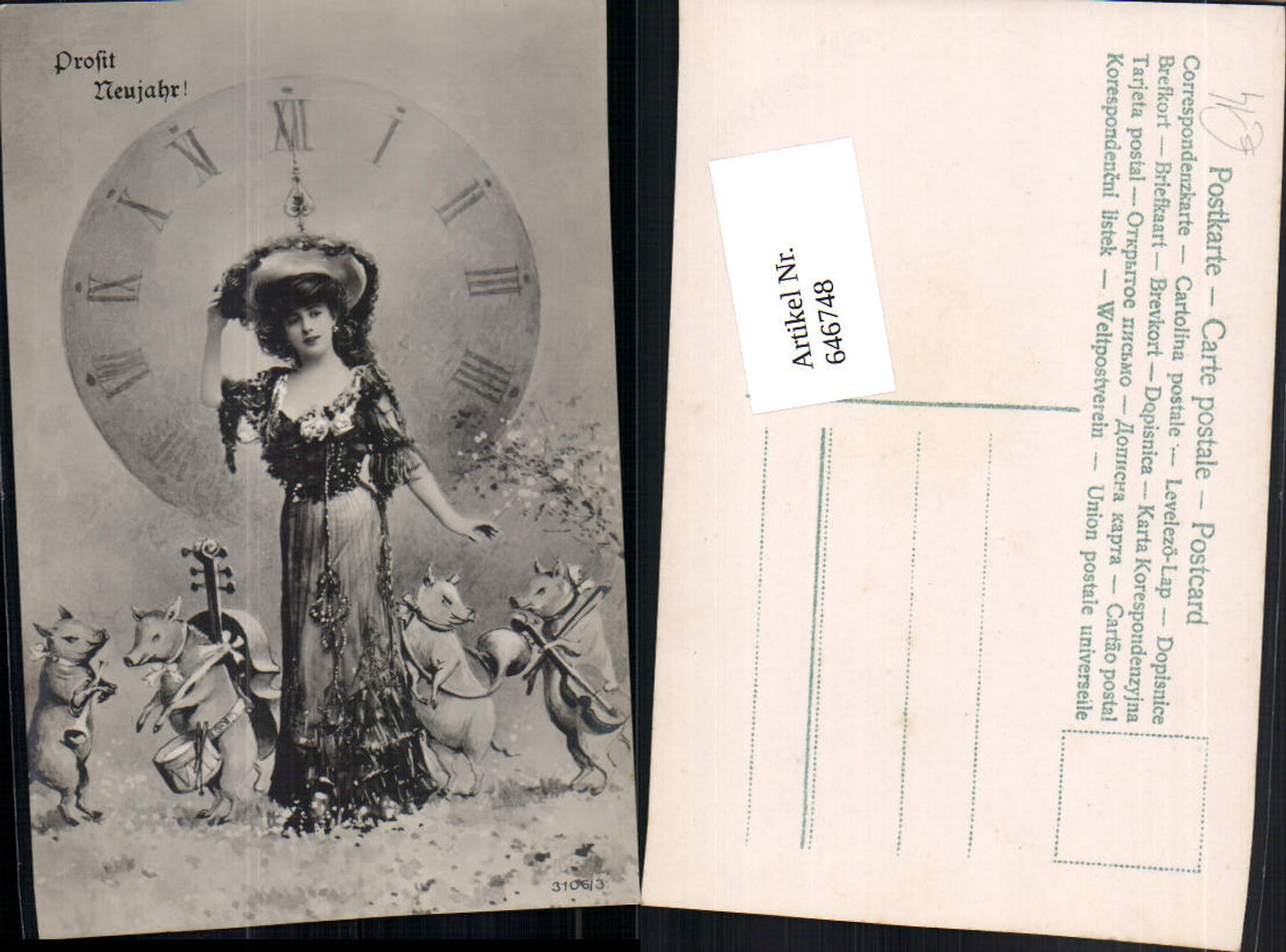 646748,Künstler AK Surrealismus Jugendstil Frau Mode Ferkel Uhr Ziffernblatt vermenschlicht