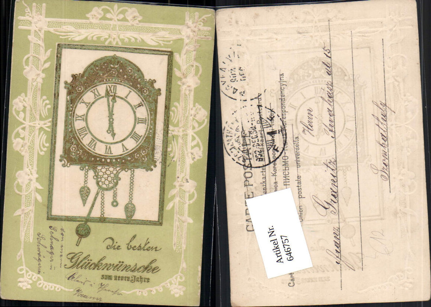 646757,Präge Litho Lithographie Naujahr Uhr Pendeluhr Art Nouveau