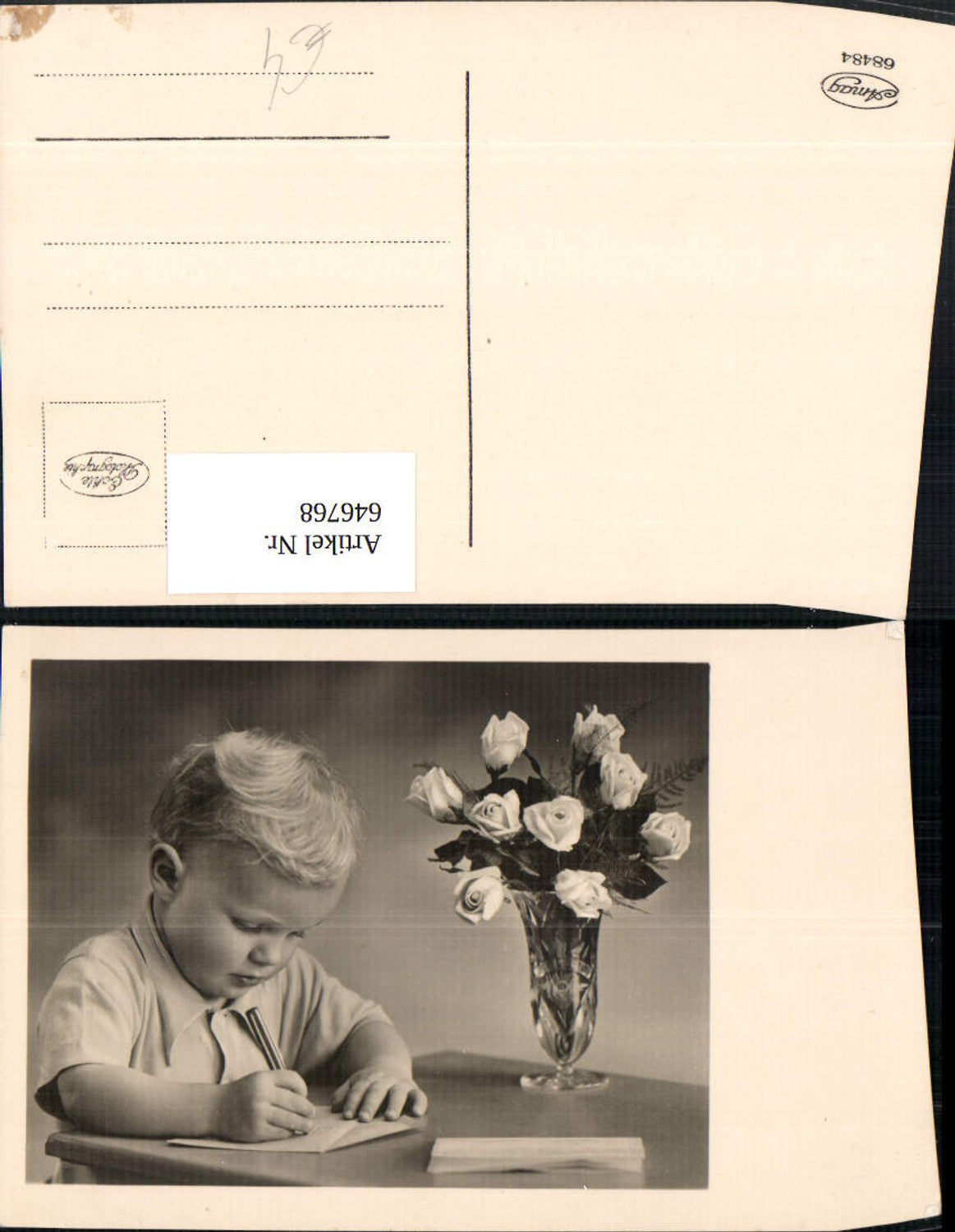 646768,Foto Ak Bub Junge b. Schreiben Vase Rosen Blumen