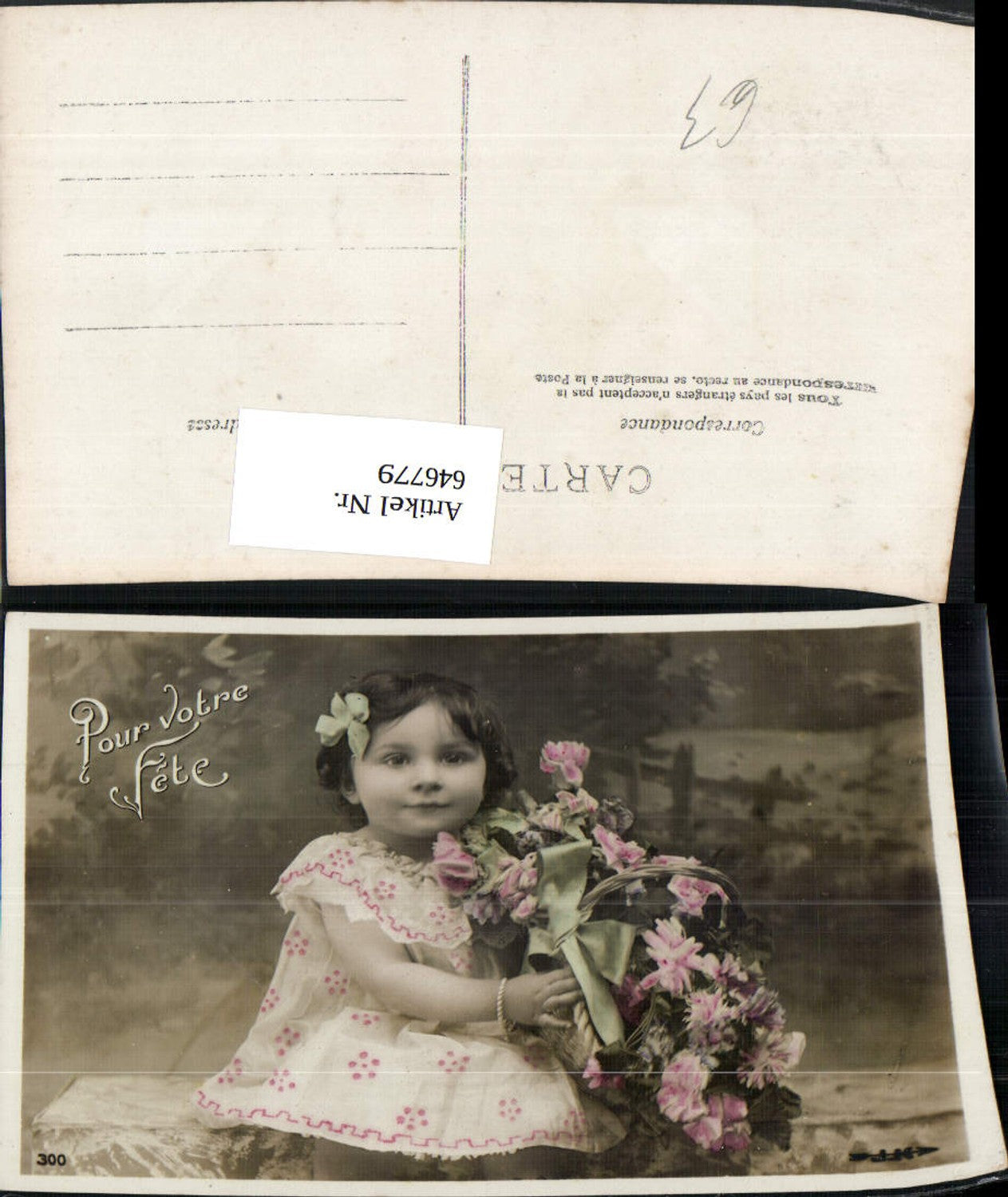 646779,Foto Ak Kind Mädchen Haarschleife Korb m. Blumen Pour votre Fete
