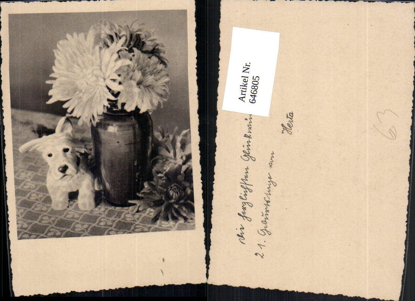 646805,Foto Ak Plüschhund Hund Spielzeug Vase Blumen