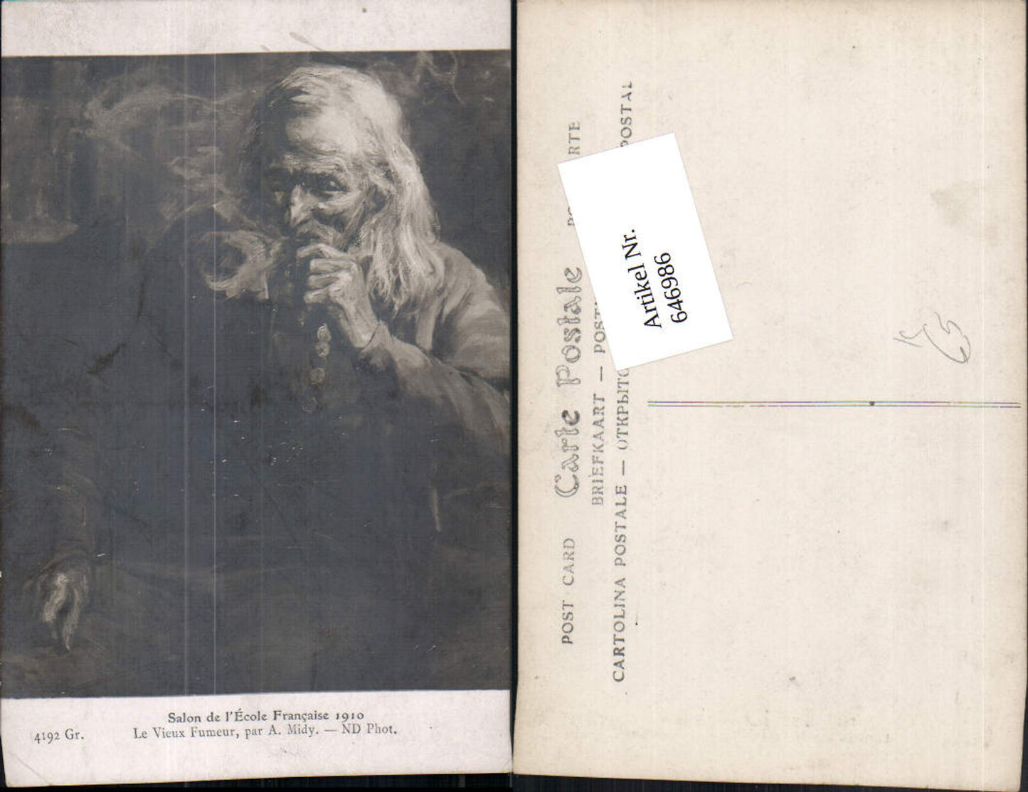 646986,Künstler AK A. Midy Alter Mann Le Vieux Fumeur Salon de Ecola 1910